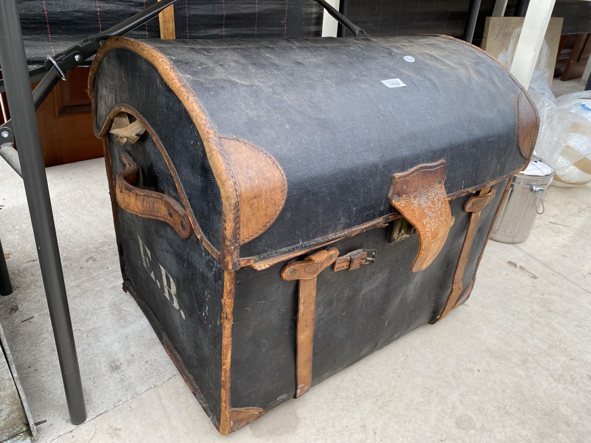 A VINTAGE LEATHER COVERED DOMED TOPPED TRAVEL TRUNK - Image 2 of 6