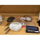 THREE CAKE STANDS - 1 A/F, CAMEMBERT PLATE AND POT, ROYAL WORCESTER BOXED CAKE SLICE, FLATWARE, ETC