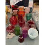 A QUANTITY OF COLOURED GLASSWARE TO INCLUDE VASES, BOWLS, ETC