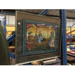 A FRAMED PRINT OF AN ASIAN SCENE 65CM X 55CM