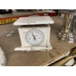 A VINTAGE CAST PAINTED WHITE BELMONT WEIGHING SCALES