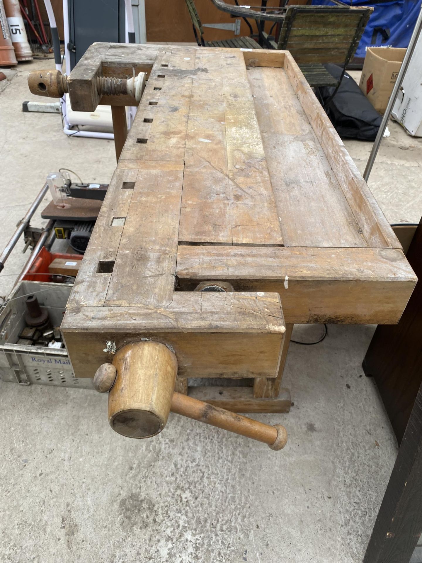 A VINTAGE WOODEN WORK BENCH WITH VICE AND FIVE DRAWERS, BEARING THE STAMP 'RJHBERGS' - Image 6 of 6