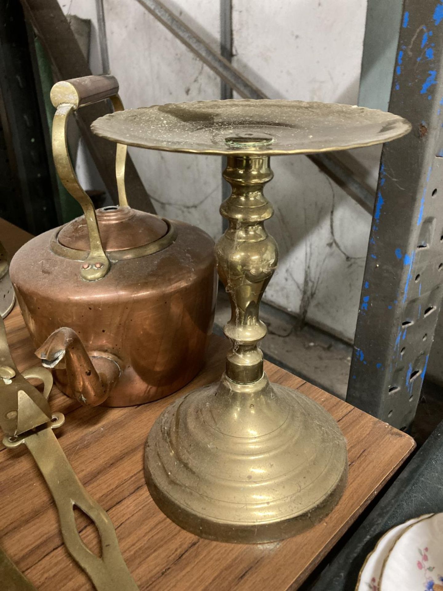 TWO BRASS CHESTNUT ROASTERS A BRASS TRIVET AND A COPPER KETTLE - Image 3 of 4