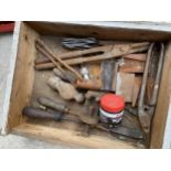 AN ASSORTMENT OF TOOLS TO INCLUDE AXLE AND TIN SNIPS ETC