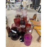 A QUANTITY OF PURPLE COLOURED GLASSWARE TO INCLUDE VASES, JUGS, TUMBLERS, ETC