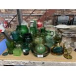 A QUANTITY OF GREEN GLASSWARE TO INCLUDE WHITEFRIARS AND MARY GREGORY STYLE - VASES, JUGS, BOWLS,