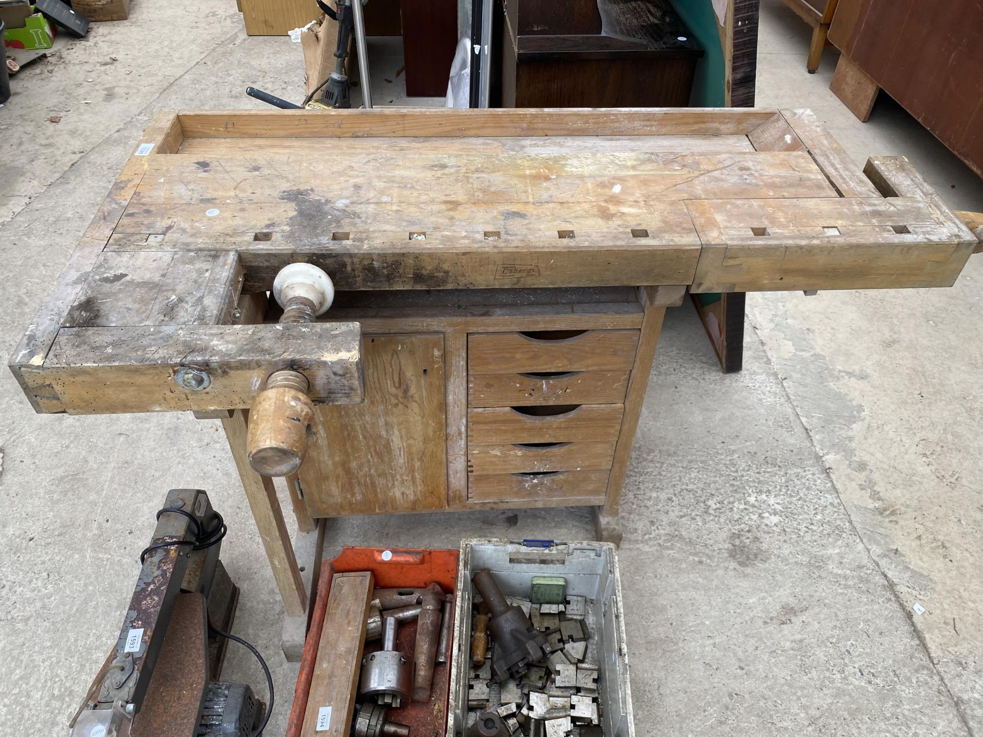 A VINTAGE WOODEN WORK BENCH WITH VICE AND FIVE DRAWERS, BEARING THE STAMP 'RJHBERGS'