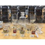 A QUANTITY OF GLASSES TO INCLUDE A DECANTER, TWO LARGE WINE GLASSES WITH SHIRE HORSE ETCHING,