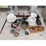 AN ASSORTMENT OF ITEMS TO INCLUDE TWO GLASS DECANTORS, CERAMIC CAKE STANDS AND WALKING STICKS ETC