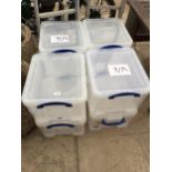 A SET OF EIGHT PLASTIC STORAGE CONTAINERS WITH LIDS