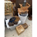 AN ASSORTMENT OF ITEMS TO INCLUDE WICKER BASKETS AND STOLES ETC