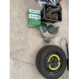 AN ASSORTMENT OF ITEMS TO INCLUDE A SPARE WHEEL, AIR FILTERS AND A SMOKE MACHINE ETC
