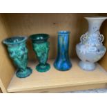 THREE COLOURED GLASS VASES AND A FURTHER CERAMIC VASE