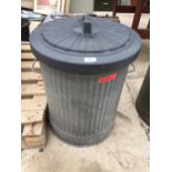 A GALVANISED DUSTBIN WITH PLASTIC LID