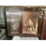 TWO PRINTS OF VINTAGE GENTLEMEN PLAYING GAMES IN WOODEN ARTS AND CRAFTS STLE FRAMES 35CM X 46CM