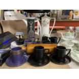 A QUANTITY OF PORTMEIRION ITEMS TO INCLUDE TWO COFFEE POTS, CUPS, SAUCERS, ROLLING PIN, ETC