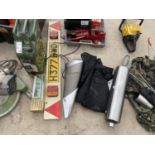 AN ASSORTMENT OF ITEMS TO INCLUDE A CAR EXHUAST PIPE, A TRAILER LIGHT BOARD AND A JERRY CAN ETC