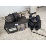 TWO PAIRS OF BINOCULARS, A SET OF HEADPHONES AND A DC REG. POWER SUPPLY