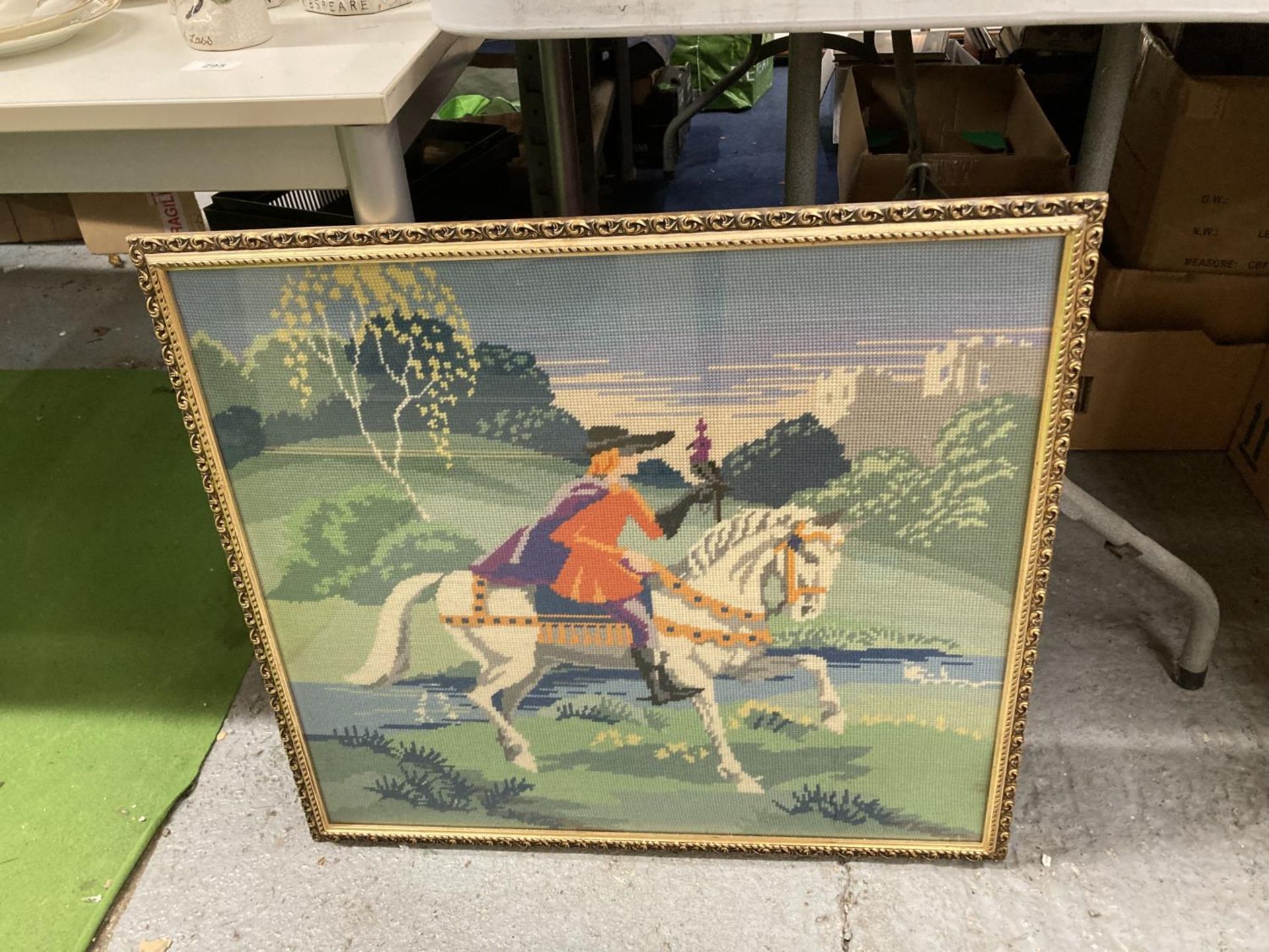 TWO GILT FRAMED WOOLWORK TAPESTRIES, ONE A HUNT SCENE 46CM X 55.5CM, THE OTHER A KNIGHT ON A HORSE - Image 2 of 2