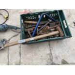 AN ASSORTMENT OF TOOLS TO INCLUDE A WOOD PLANE, A SLEDGE HAMMER AND SHEARS ETC