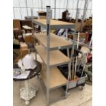 A FIVE TIER METAL AND WOODEN SHELVING UNIT
