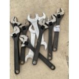 SEVEN DRAPER EXPERT 300MM ADJUSTABLE SPANNERS AND THREE FURTHER LARGE SPANNERS