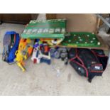 AN ASSORTMENT OF TOYS AND GAMES TO INCLIUDE NERF GUNS AND SNORKELS ETC