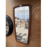 A TEAK FRAMED WALL MIRROR STAMPED MADE IN DENMARK