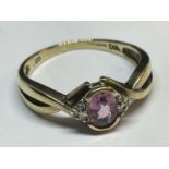 A HALLMARKED 9CT GOLD DIAMOND AND AMETHYST RING SIZE O WITH VINTAGE CASE GROSS WEIGHT 2.5G