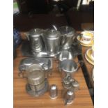 A STAINLESS STEEL TEASET TO INCLUDE TEAPOT, COFFEE POT, HOT WATER POT, CREAM JUG, SUGAR BOWL,