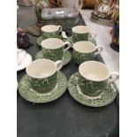 FIVE BROADHURST SAUCERS AND SIX CUPS WITH PASTORAL SCENE