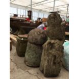 A RECONSTITUTED STONE GARDEN OWL ORNAMENT AND TWO STONE GARDEN PEDESTALS
