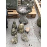 AN ASSORTMENT OF RECONSTITUTED GARDEN ORNAMENTS TO INCLUDE OWLS AND A BIRDBATH ETC