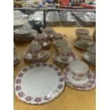 A ROYAL VALE TEASET IN WHITE WITH RED LEAF PATTERN TO INCLUDE A CAKE PLATE, CREAM JUG, SUGAR BOWL,