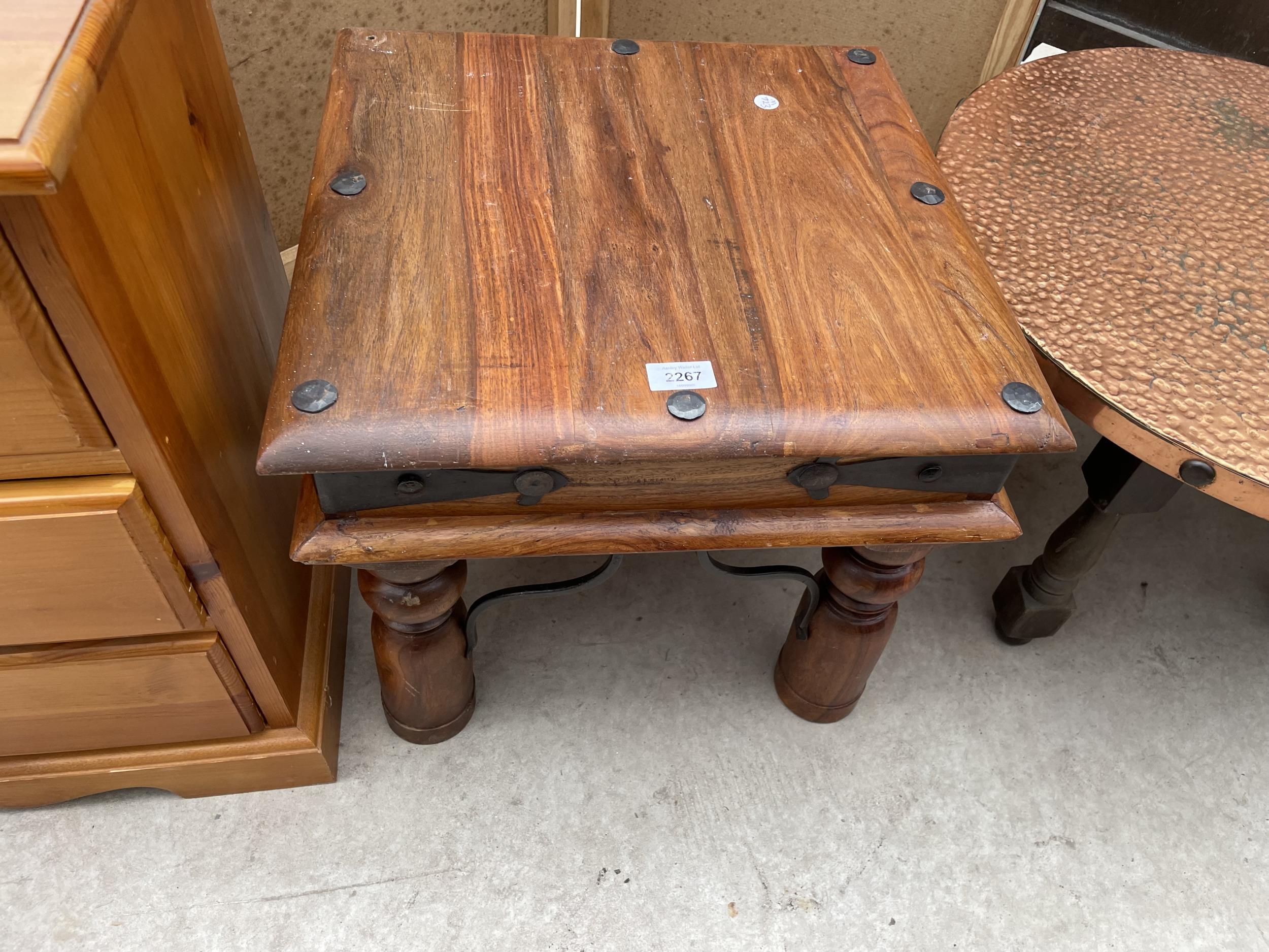 A MODERN INDIAN HARDWOOD LAMP TABLE WITH IRON WORK STUDS AND SUPPORTS, 18" SQUARE