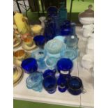 A QUANTITY OF BLUE GLASSWARE TO INCLUDE VASES, BOWLS, WINE GLASSES, JUGS, ETC