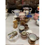A QUANTITY OF CERAMIC ITEMS TO INCLUDE A MASON'S JUG, LIVERPOOL AND MANCHESTER TWIN HANDLED MUG,