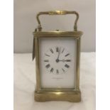A BRASS JOSEPH PENLINGTON, PARIS, CARRIAGE CLOCK WITH GLASS TO THREE SIDES AND TOP IN WORKING