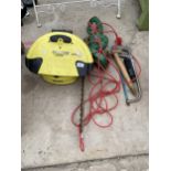 AN ASSORTMENT OF TOOLS TO INCLUDE AN ELECTRIC HEDGE TRIMMER AND PRESSURE WASHER ATTATCHMENTS ETC