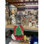 A CHRISTMAS MUSICAL LANTERN, BOXED, TWO SNOWMAN FIGURES AND A CHRISTMAS STOCKING