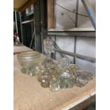 A QUANTITY OF VINTAGE GLASS INKWELLS, ETC