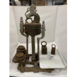 A HERBERT AND SON ANTIQUE BUTCHERS SCALES WITH CERAMIC TRAY AND VARIOUS WEIGHTS