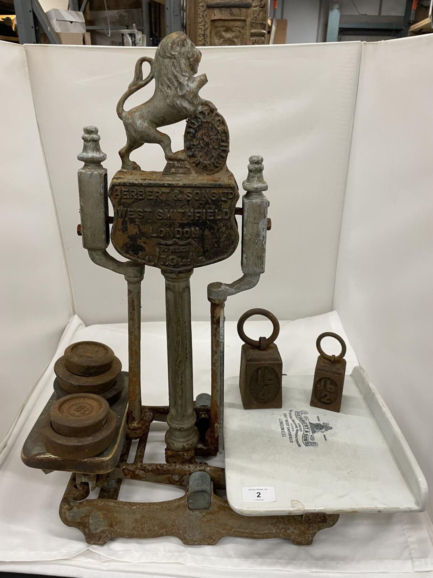 A HERBERT AND SON ANTIQUE BUTCHERS SCALES WITH CERAMIC TRAY AND VARIOUS WEIGHTS