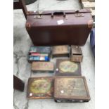 A VINTAGE TRAVEL CASE, AN ASSORTMENT OF VINTAGE TINS AND SEWING ITEMS ETC