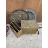 AN ASSORTMENT OF ITEMS TO INCLUDE A BRASS COVERED LOG BOX, THREE EMBOSSED WALL PLAQUES AND A BRASS