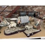 A JULIANA COLLECTION LARGE HORSE AND WAGON MODEL LENGTH 39CM PLUS A SMALLER HORSE AND CART MODEL