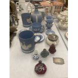 A QUANTITY OF BLUE JASPERWARE TO INCLUDE TANKARDS, CUP AND SAUCER, VASES, BOTTLE PLUS AN ORIENTAL