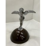 A CHROME CAR MASCOT ON A WOODEN BASE HEIGHT 19CM