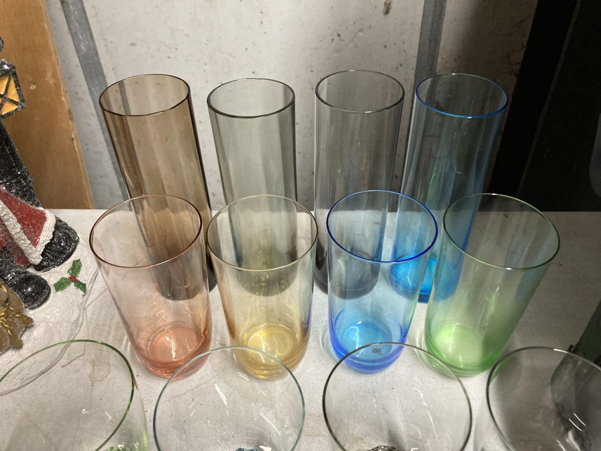 A QUANTITY OF COLOURED COCKTAIL GLASSES, TUMBLERS, COCKTAIL STICKS, ETC - Image 3 of 3