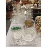 A QUANTITY OF CUT GLASS TO INCLUDE DECANTERS, VASES, BOWLS, ETC PLUS A HALLMARKED BIRMINGHAM